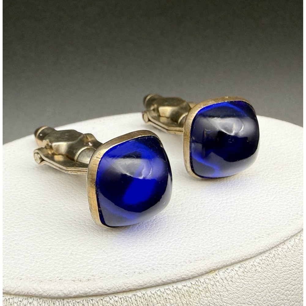 Vintage Cobalt Blue Glass Cabochon Bullet Back Cufflinks Wrap Around Mid Century